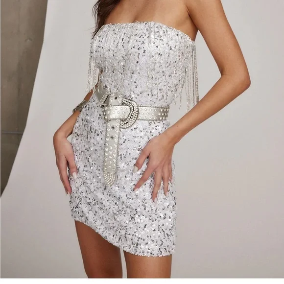 Strapless Fringe and Sequin Mini Dress - Picture 1 of 7
